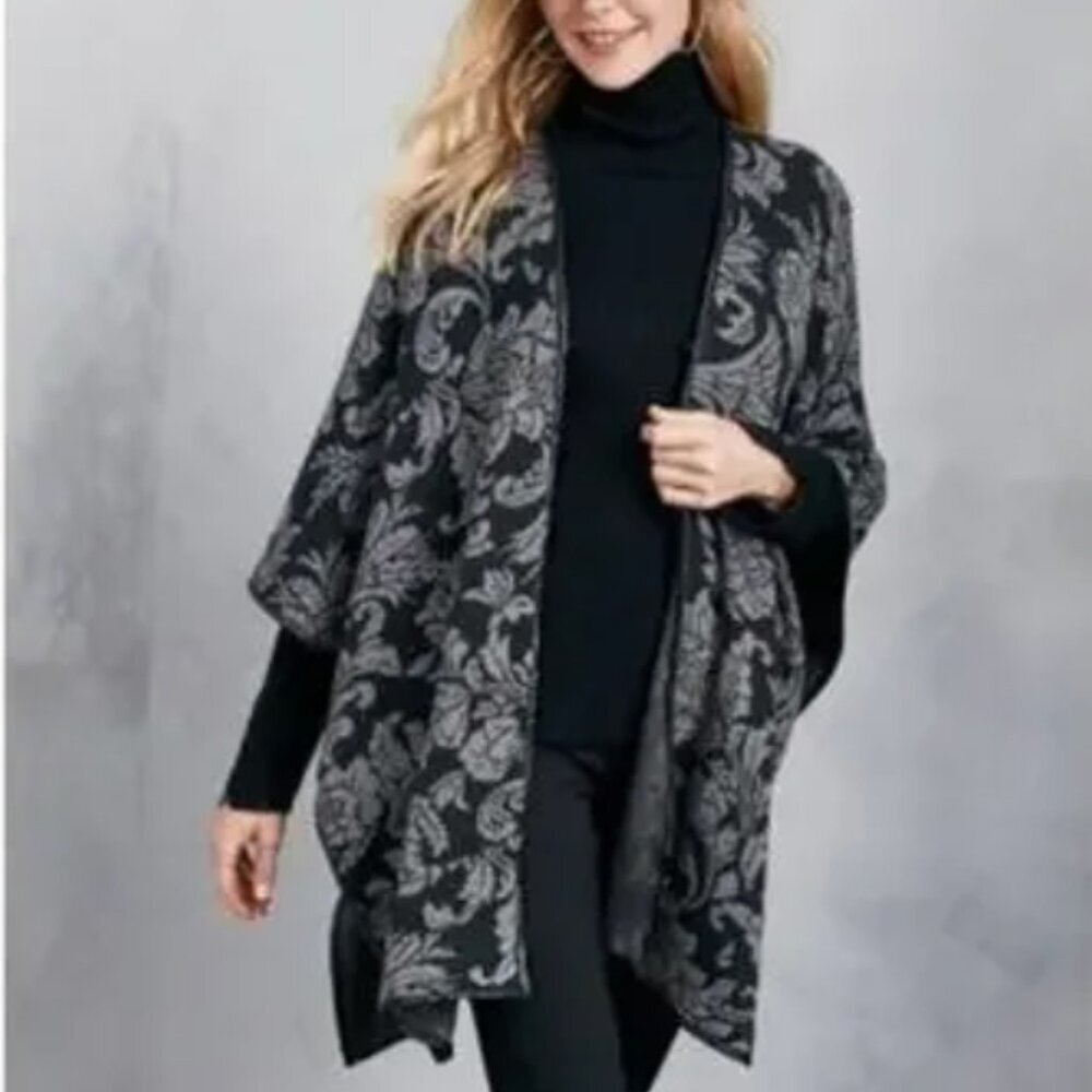 Soft Surroundings Rian Jacquard Damask Sweater Ruana Wrap
